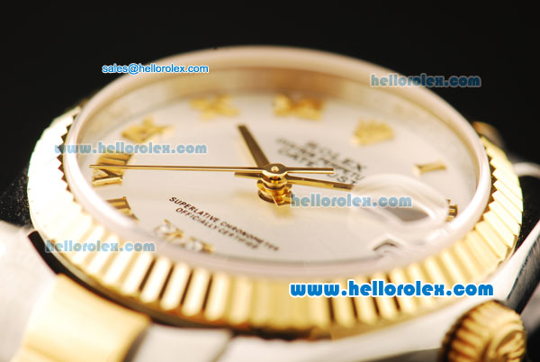 Rolex Datejust Automatic Movement ETA Coating Case with White Dial and Gold Bezel-Two Tone Strap - Click Image to Close